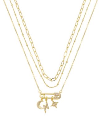 Cubic Zirconia Safety Pin Celestial Pendant Trio Necklace Set