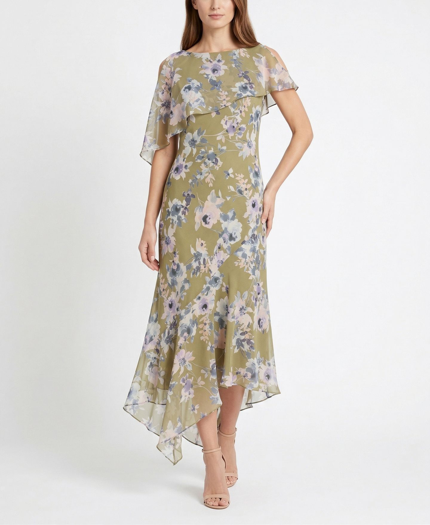 Женское платье Taylor Floral Print Capelet Fit & Flare Crewneck, цвет: Оливковый сиреневый — фото 1