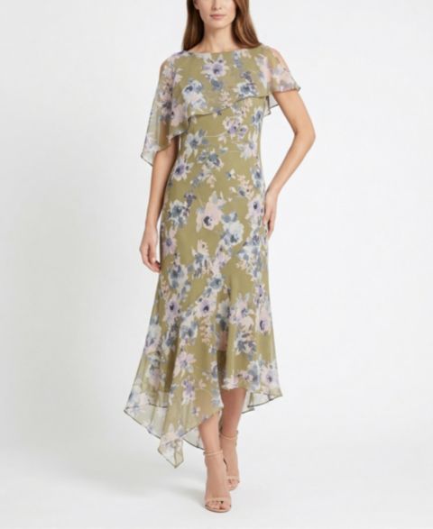 Женское платье Taylor Floral Print Capelet Fit & Flare Crewneck, цвет: Оливковый сиреневый