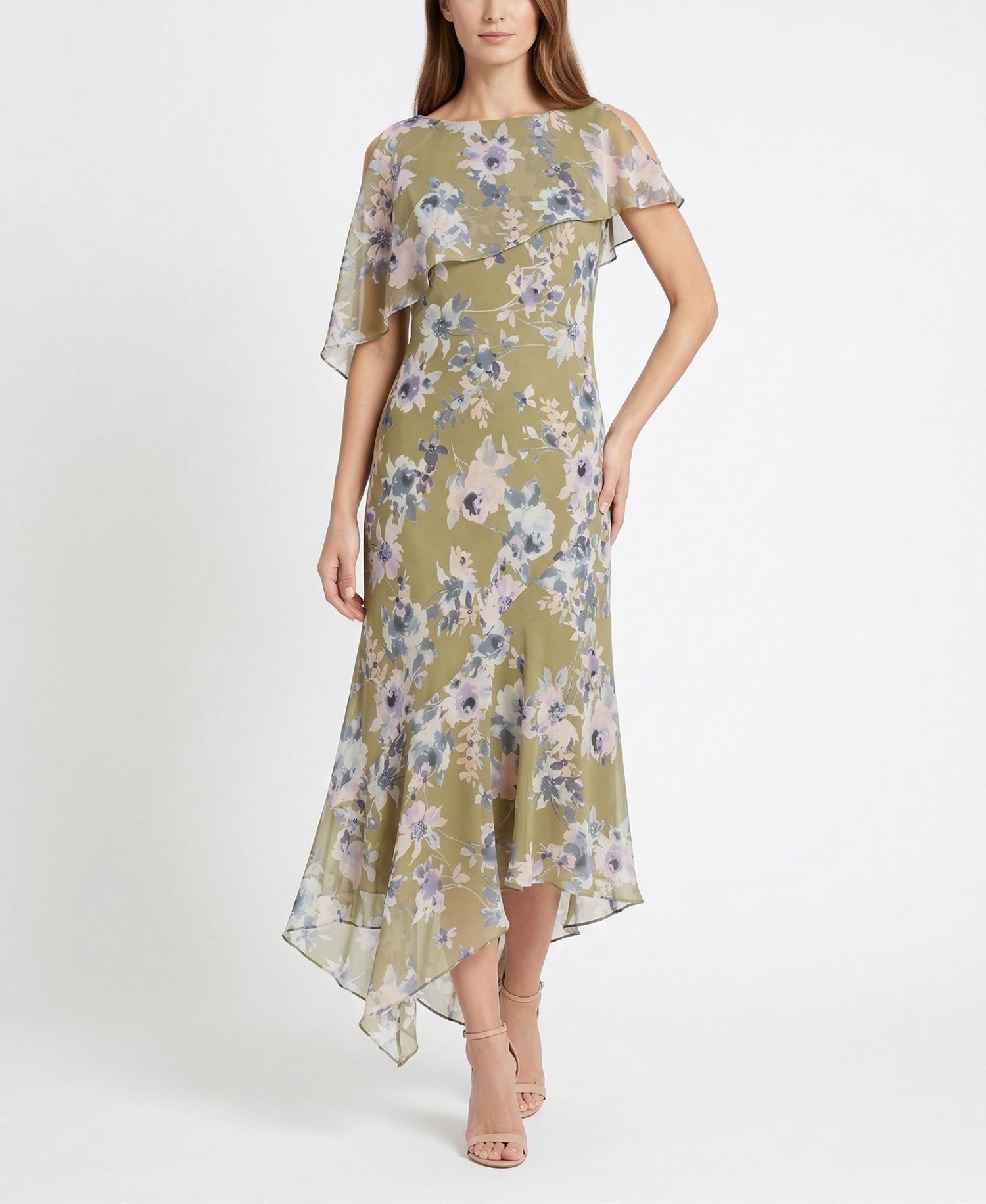 Women's Floral Print Capelet Fit & Flare Crewneck Dress