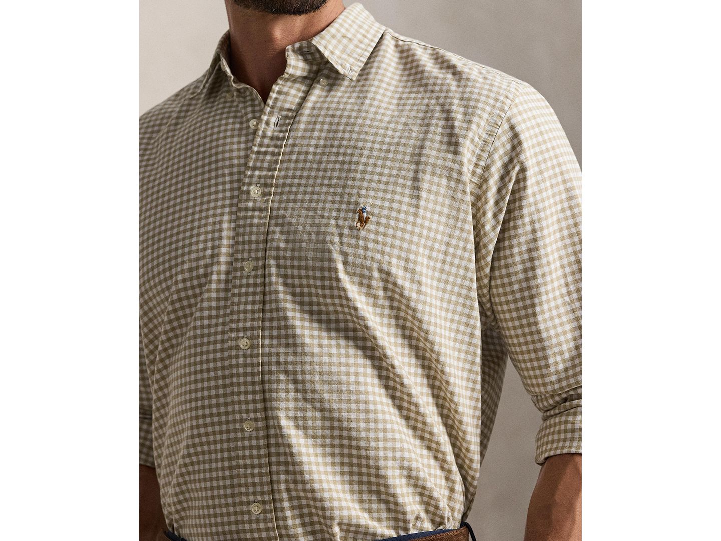 Мужская рубашка Polo Ralph Lauren Big & Tall Iconic Oxford, цвет: Бежевый / Белый — фото 3