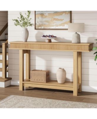 Farmhouse Fluted Console Table, 2 Tier Wooden Entryway Table with Shelf Storage, Rectangular Narrow Sofa Table Behind Couch, Entry Table