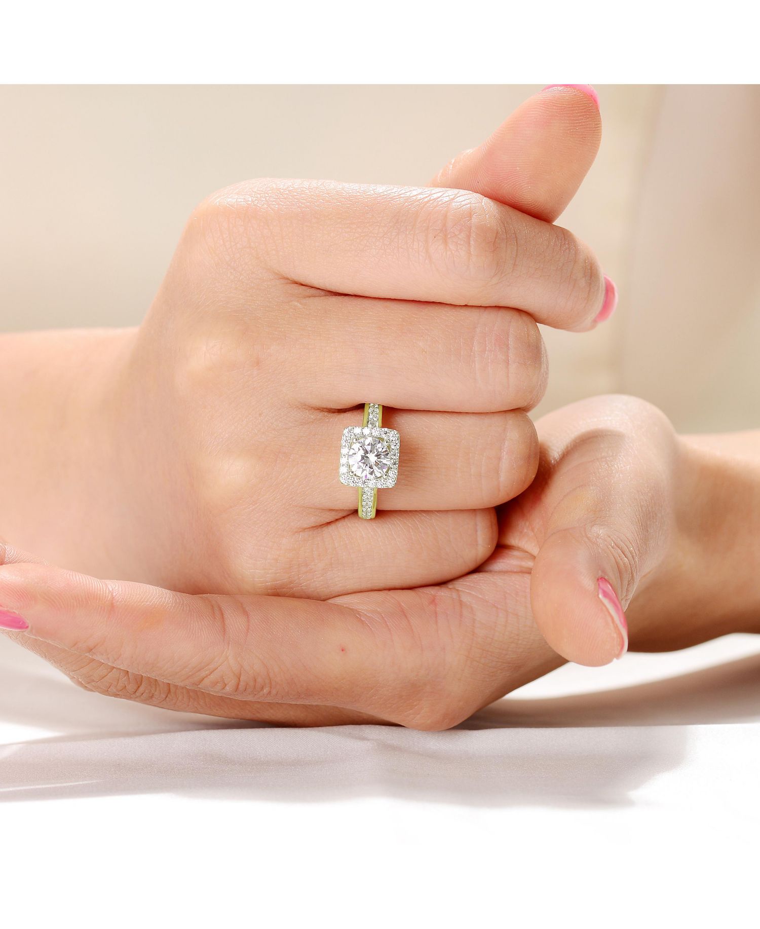 Unique Sterling Silver Square Halo CZ Pave Band Ring
