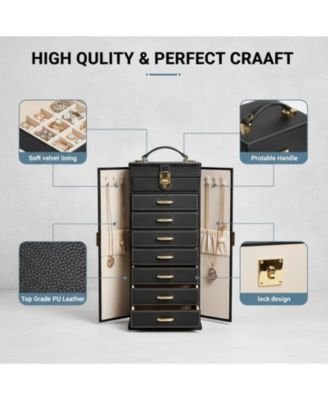 Extra Large 6-Tier Jewelry Organizer with Mirror 5 Drawers Leather Storage Case for Women