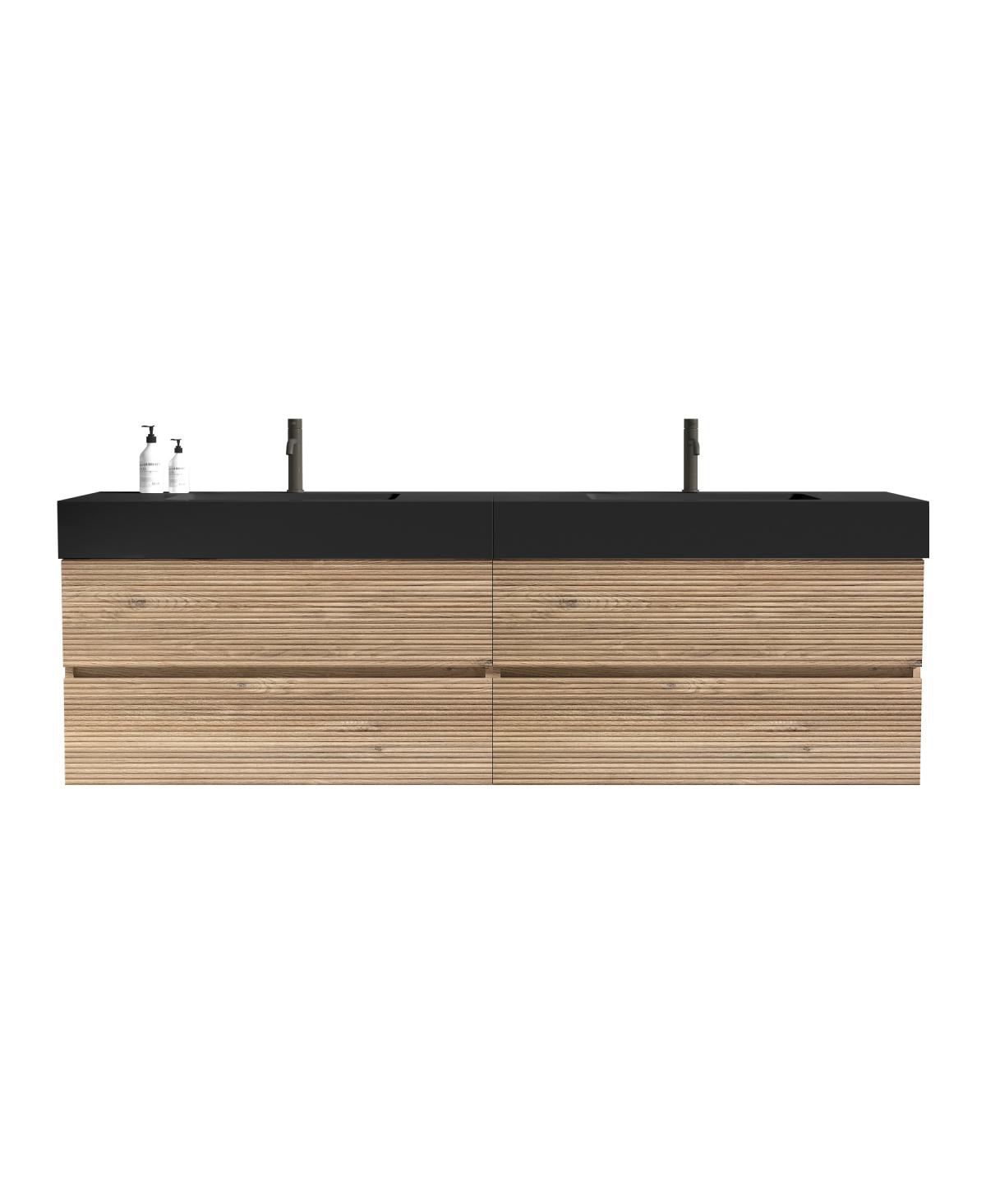 Sillysis Mid-Century Modern Bathroom Vanity with Double Drawers, Quartz Basin
