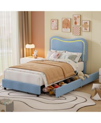 Boucle Upholstered Bed Frame with 2 Storage Drawers, LED Headboard and Wood Slats, Available