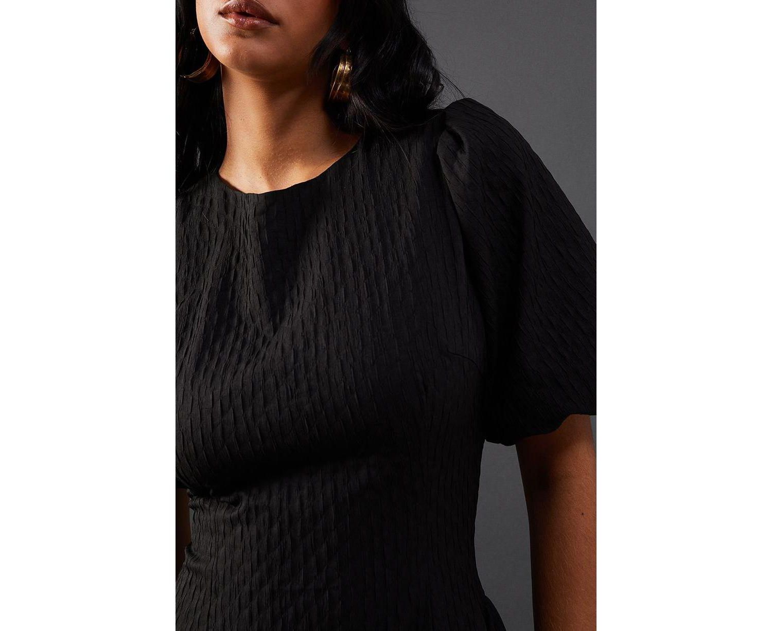 Women's Seersucker Puff Sleeve Midi Dress