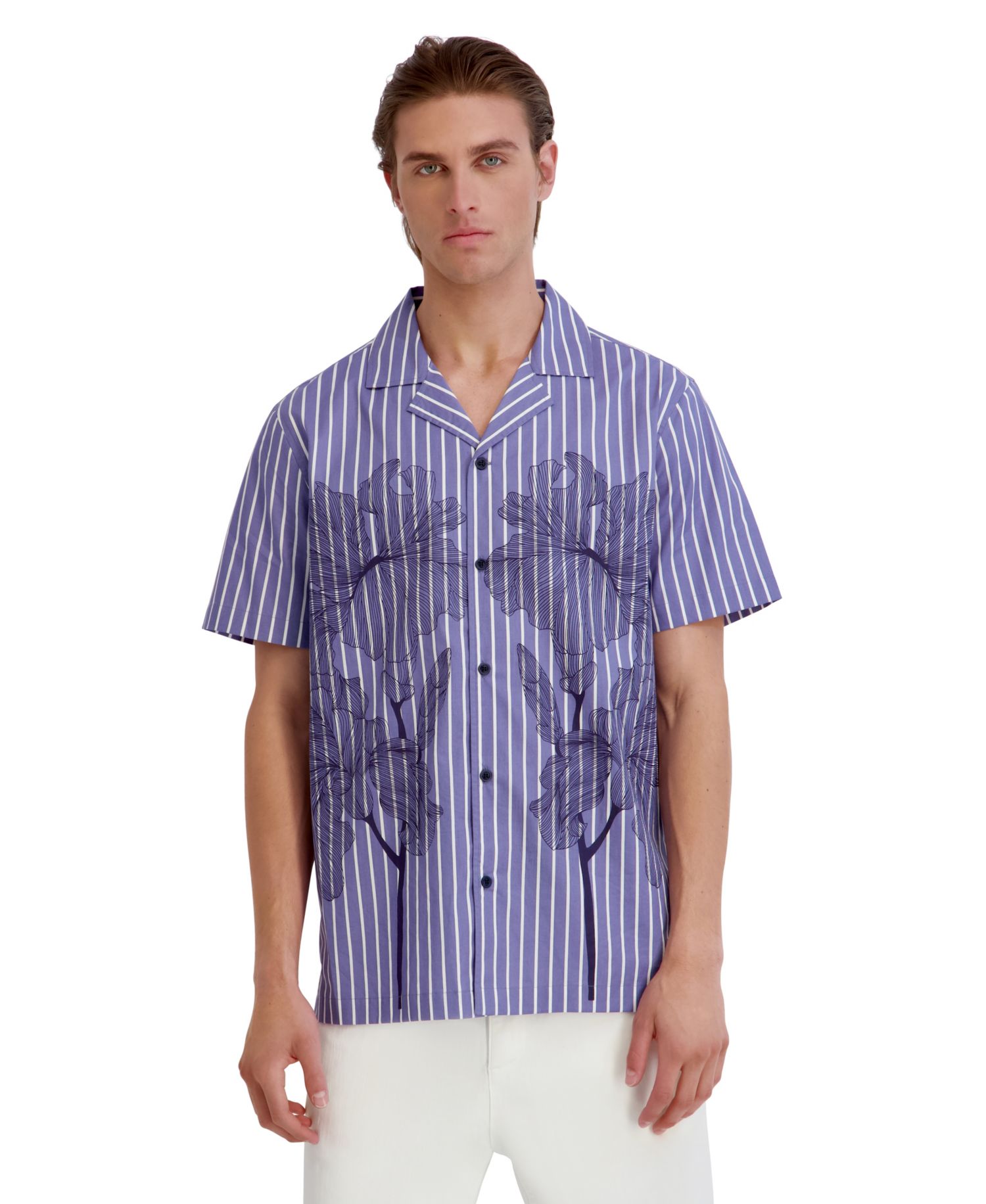 Men's Printed Floral Stripe Camp Collar Shirt