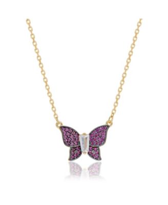 Pave Cubic Zirconia Tapered Baguette Butterfly Necklace Sterling Silver