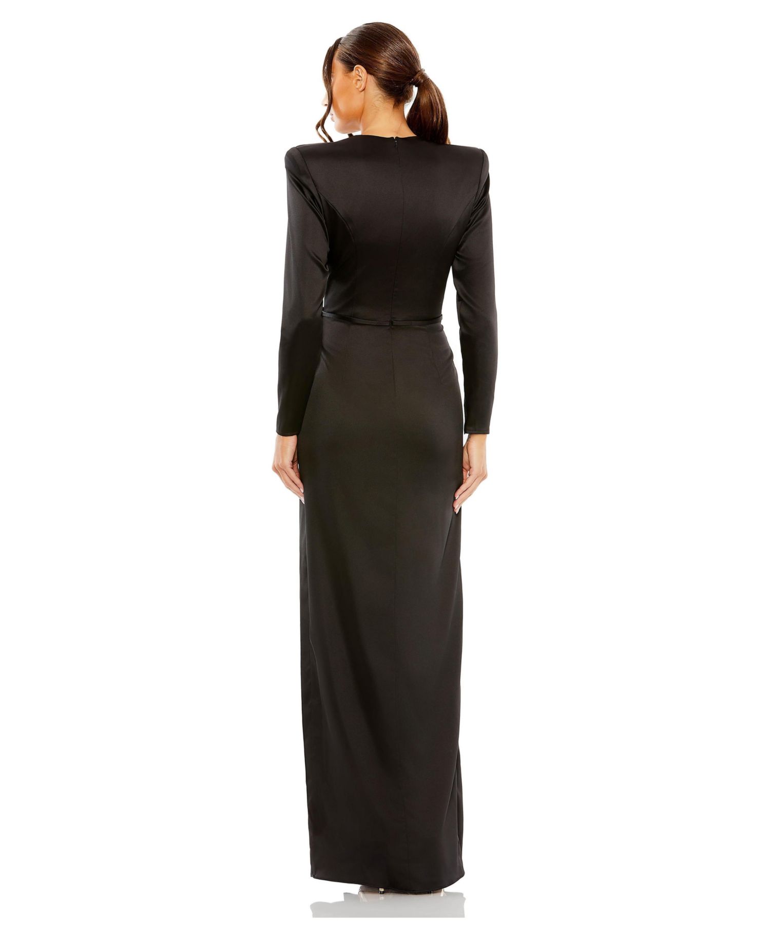 Petite Long Sleeve Satin Structured Bow Draped Column Gown