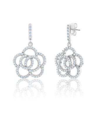 Sterling Silver Cubic Zirconia Pave Open Flower Drop Earrings