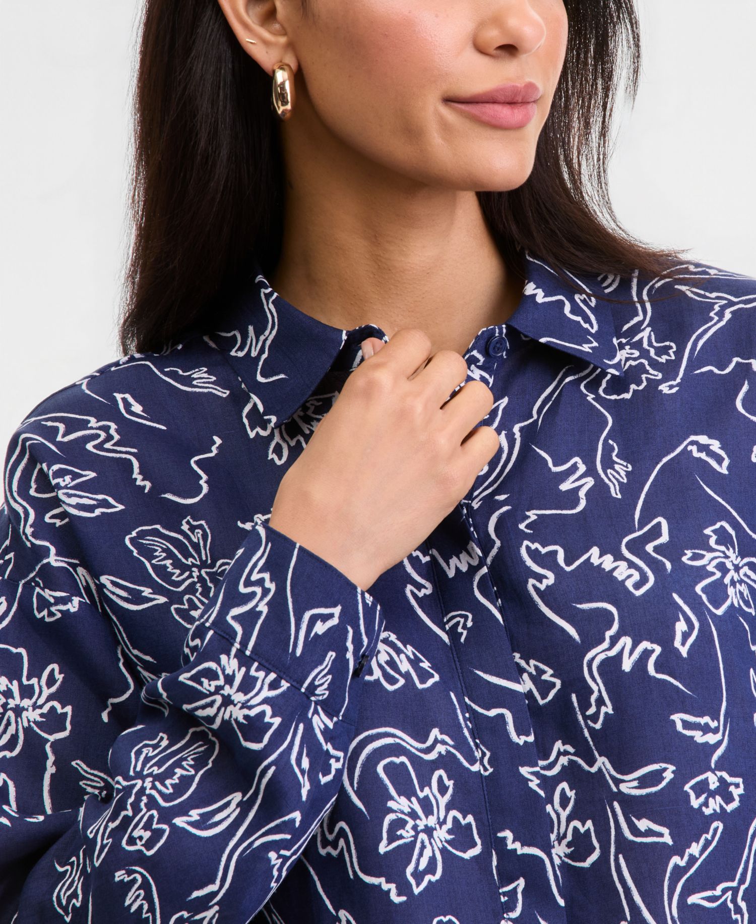 Women's Printed Ramie Button-Front Tie-Hem Shirt