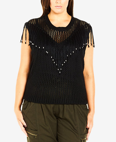City Chic Plus Size Sleeveless Open-Knit Fringe Sweater