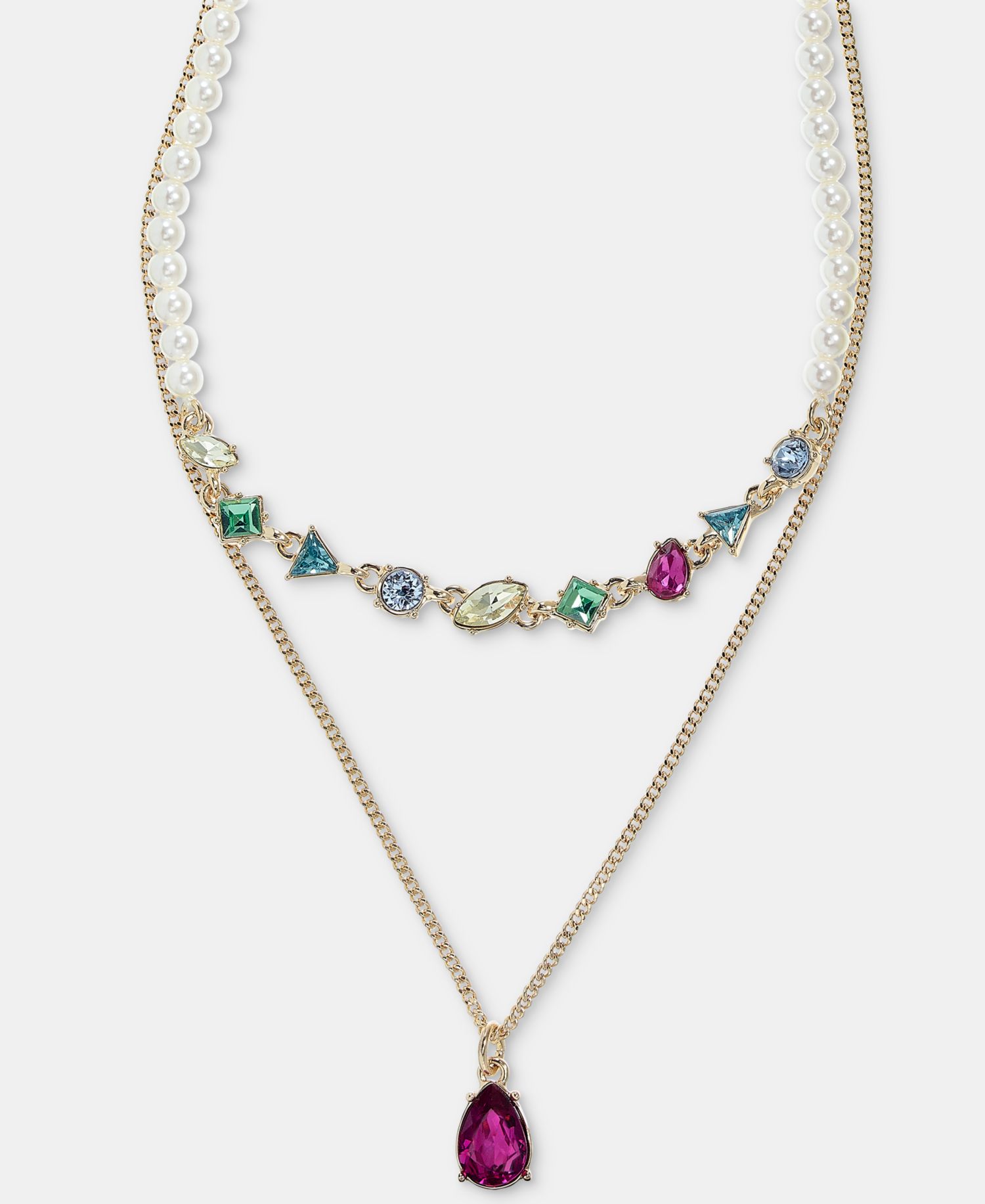 Mixed Crystal & Imitation Pearl Layered Pendant Necklace, 16" + 3" extender