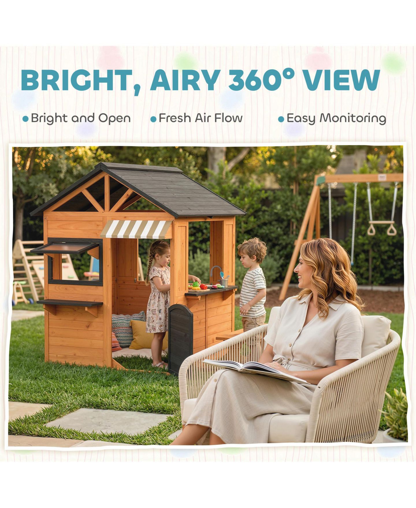 Детская игрушка Qaba Outdoor Wooden Playhouse with Play Kitchen, Ages 3+, цвет: Коричневый — фото 6