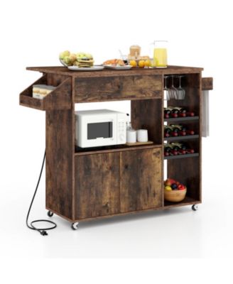 Drop-Leaf Mobile Kitchen Island Cart with Power Strip and Adjustable Shelf