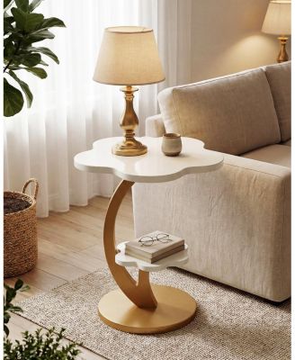 End Table, 2-Tier Sofa Side Table, Flower Nightstand with C-Shaped Gold Frame, Modern Luxury Accent Table