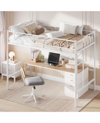 Metal Loft Bed Frame with Guardrail, Flat Ladder Rungs and Underbed Space, Box Spring Not Required