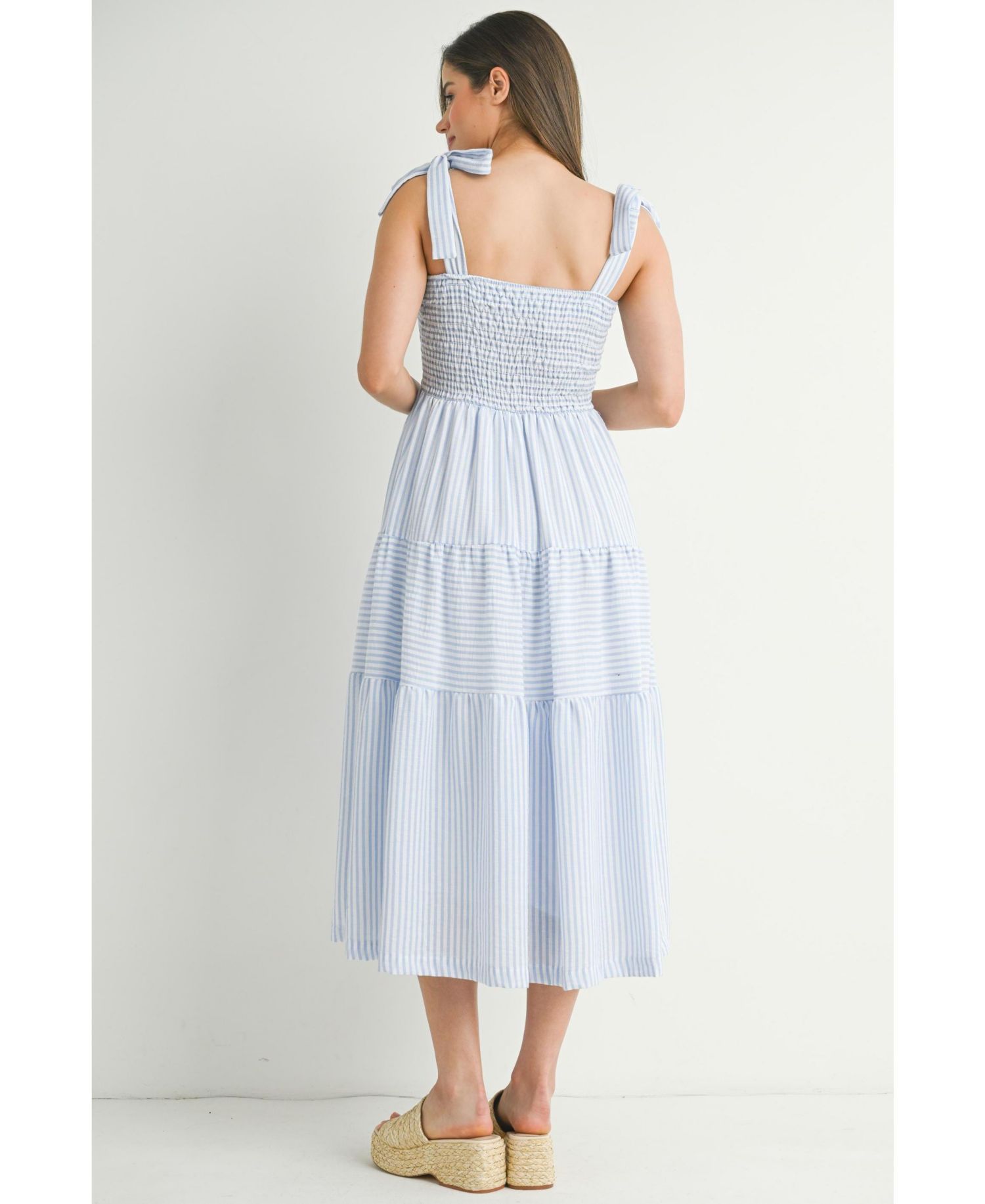 Women's Striped Smocked Empire Waist Sundress with Tie Straps