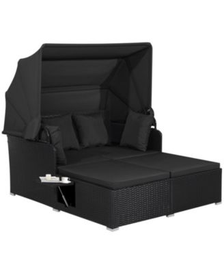 Outdoor PE Wicker Patio Daybed with Retractable Canopy, Cushions and 2 Fold-Out Side Tables
