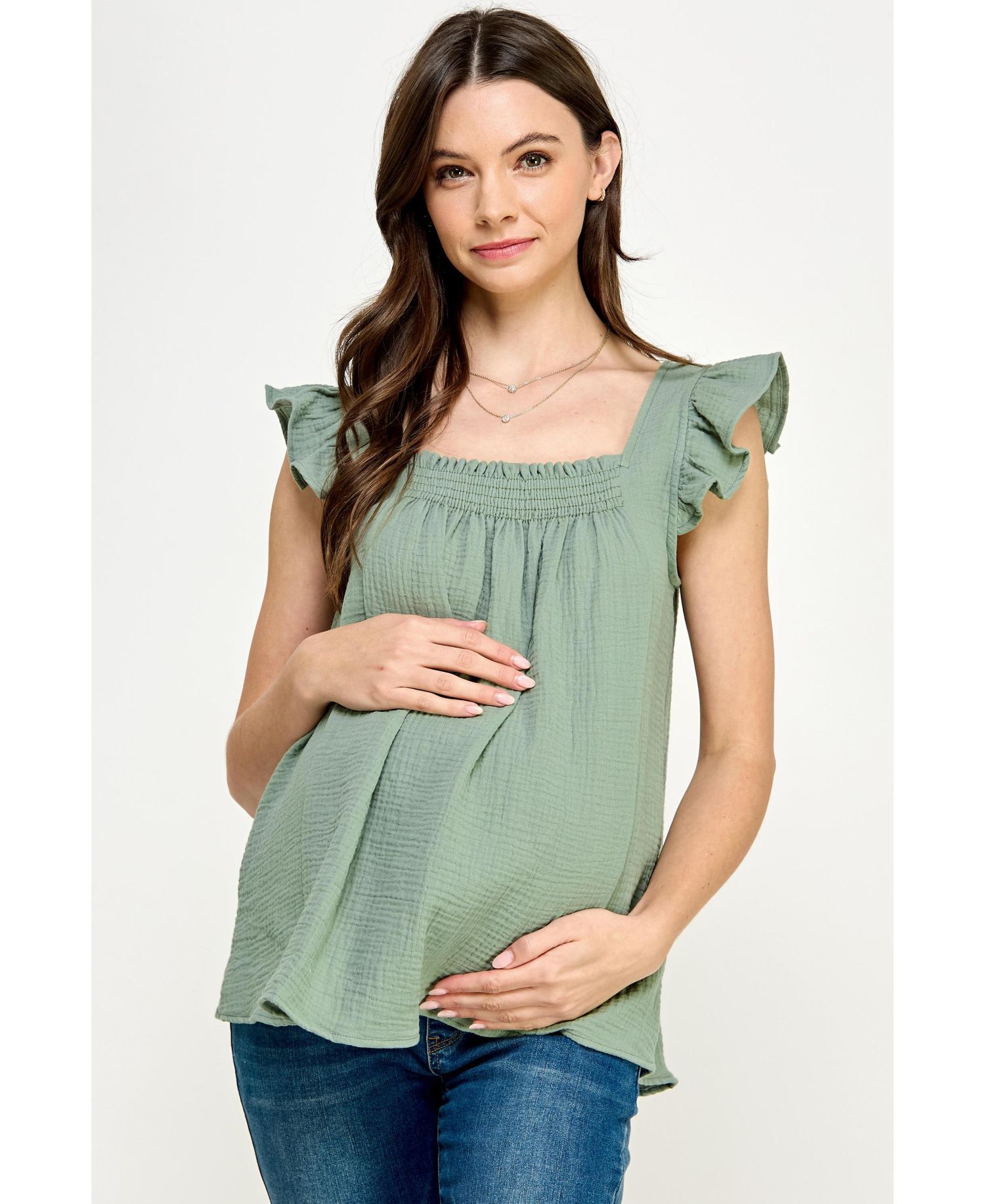 Women's Maternity Cotton Smocked Flutter Sleeve Blouse