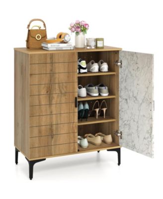 4 Tier Farmhouse Shoe Storage Cabinet with Removable Shelves and Metal Legs-Oak