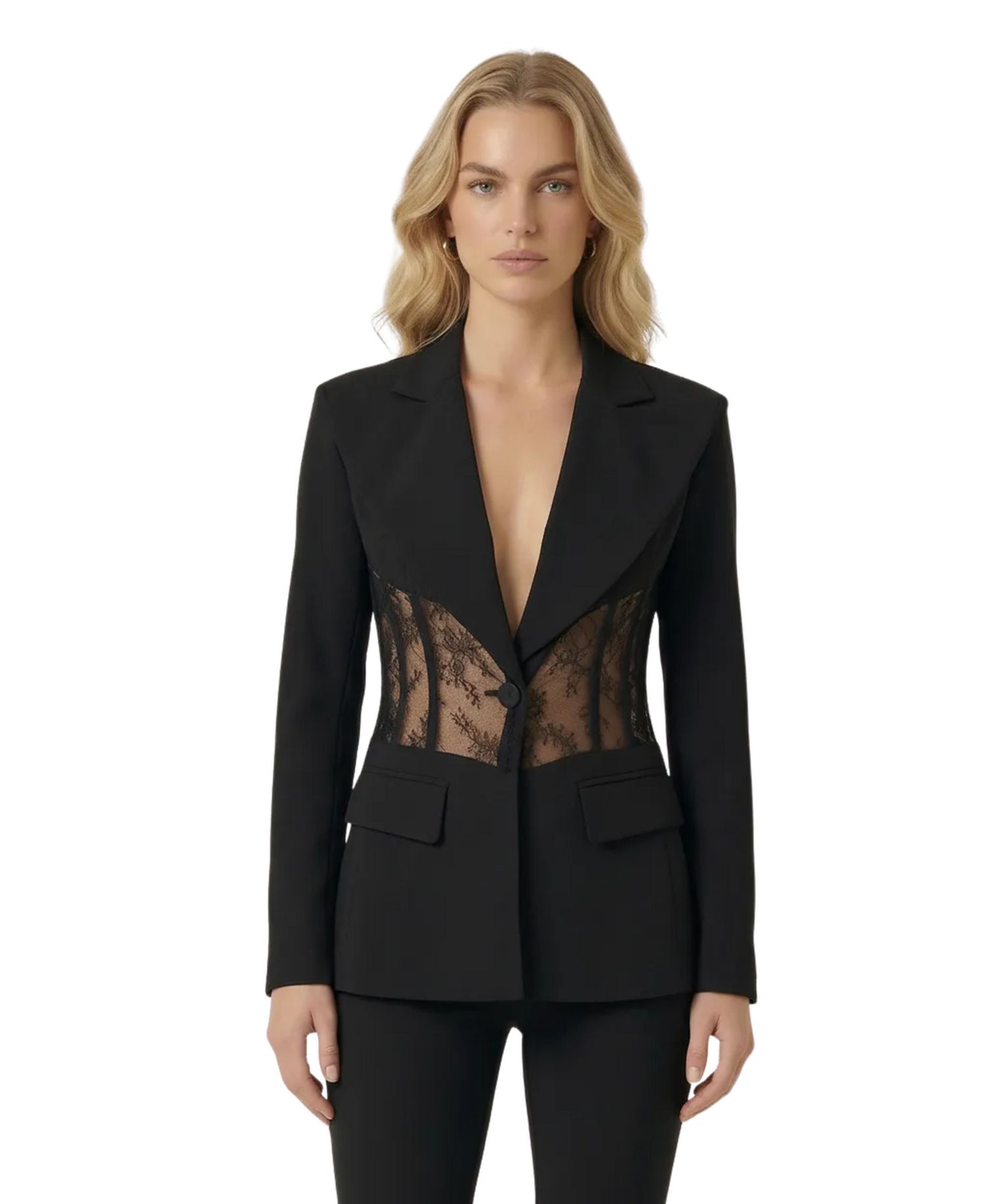 Women's Lace Panel Deep V-Neck Tailored Blazer