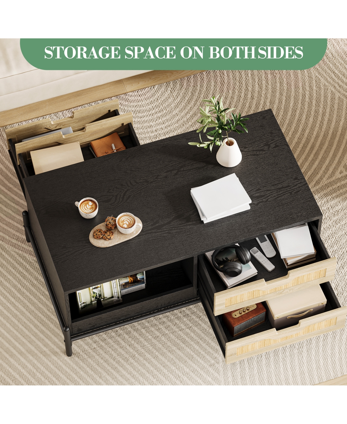 Homfan Coffee Table for Living Room, Modern Rattan Table with 4 Drawers and 2 Compartments, Wooden Table with Led Lights, Rectangle Table for Office