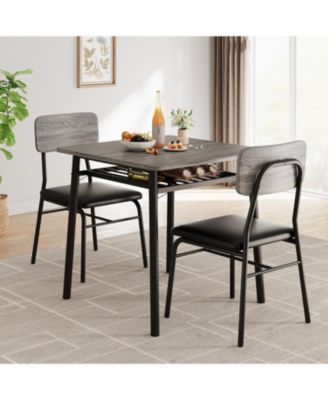 3-Piece Square Dining Set for 2 with Storage, Metal Frame Table and 2 Upholstered Chairs