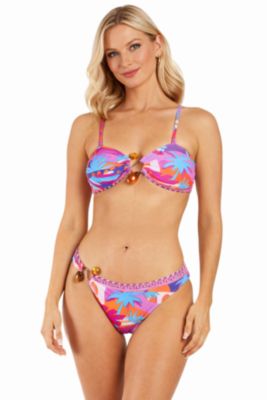 Women's Club Moda Tropical Palm Print Bikini Set - Bandeau Beaded Top and Tie-Side Bottom Luxury Resort Swimwear