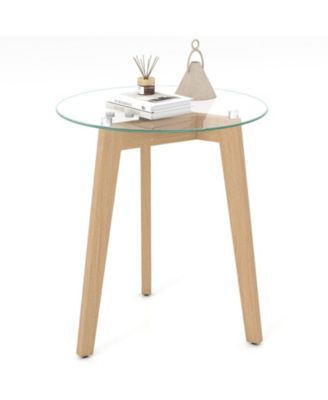 Modern Tempered Glass End Table w/Transparent Tabletop Rubber Wood Structure