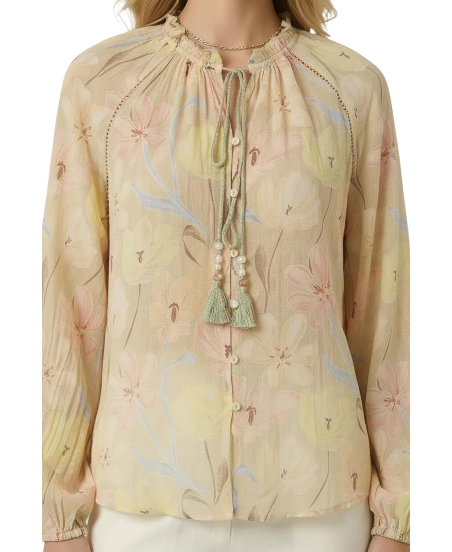 Женская блузка Modenaire Floral Print Tassel-Tie Neck Long-Sleeve, цвет: Бежевый — фото 1