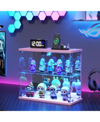 LED Lighted 2-Tier Glass Display Case with Charging Station and Motion Sensor, Desktop Storage Organizer for Figures, Models and Perfume
