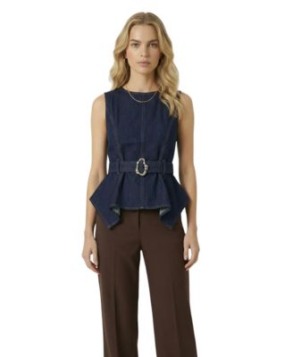 Women's Belted Denim Peplum Top