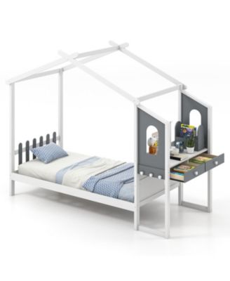 House Bed Frame with Roof Canopy, Built-In Desk and Storage Drawers