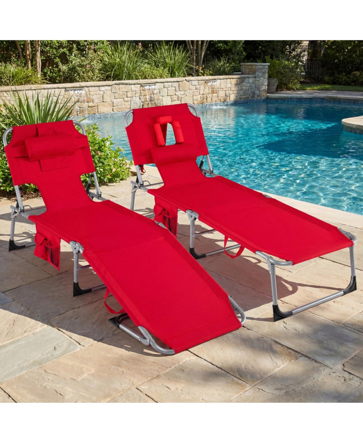 Gouun Tanning Chair with Face Arm Holes Folding Lounge Chair with Storage Pockets