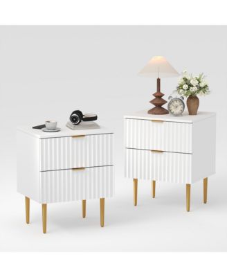 Home Set of 2 Mid Century Nightstand Wood Bedside Table 2 Drawers Fluted End Table