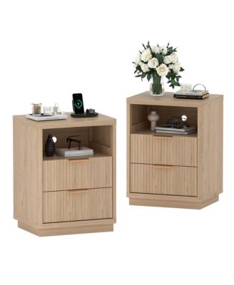 2-Drawer Fluted Wood Nightstand, Mid Century Fluted Bedside Storage End Table, 2-Pack