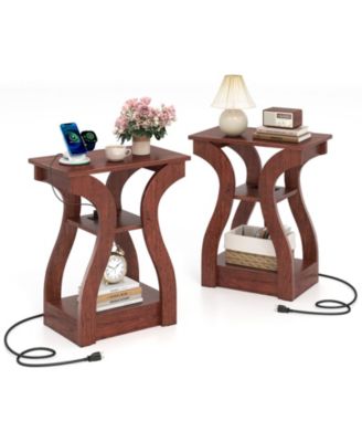 End Tables w/Charging Station Set of 2 3-Tier Side Tables with USB Ports and Outlets