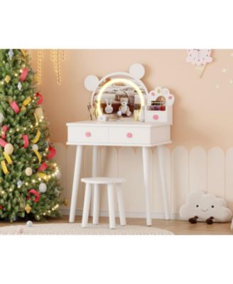 Bear-Shaped Lighted Mirror Kids Vanity Table and Chair Set - Wooden Princess Makeup Desk with Stool, Storage Drawers