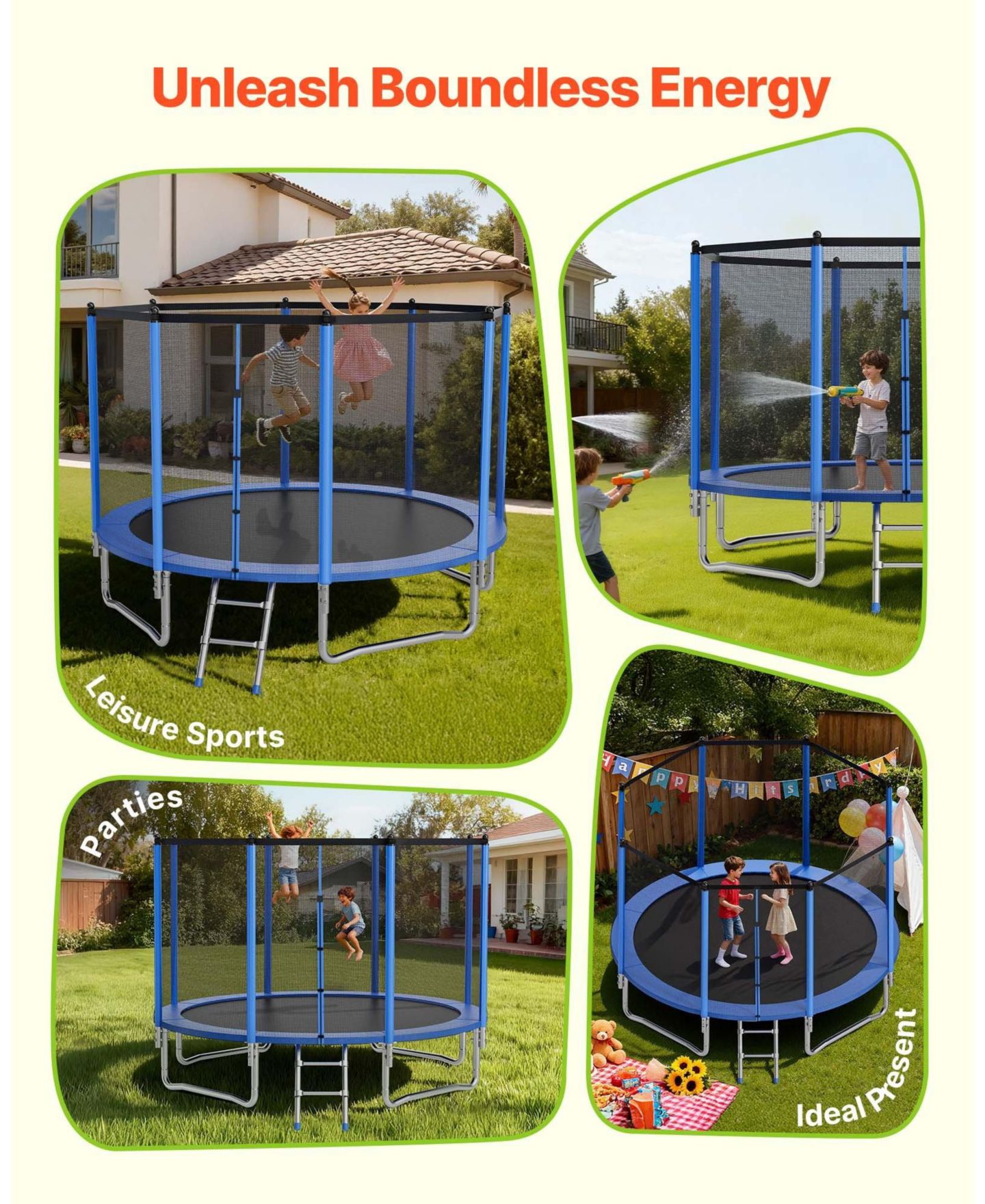 Детская игрушка Mecale 12 FT Outdoor Trampoline with Enclosure Net 400 lbs Capacity, цвет: Синий — фото 3