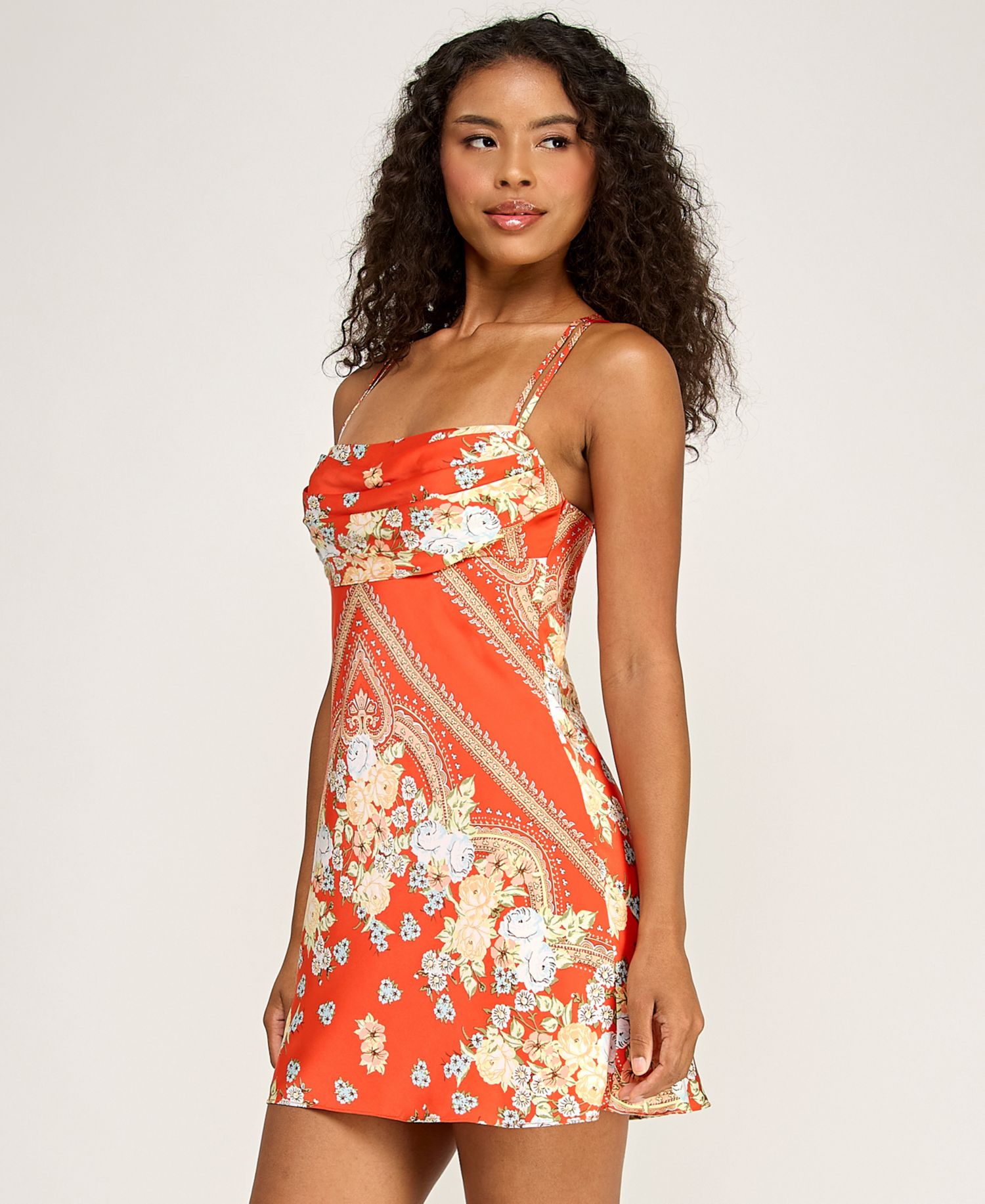 Junior's Satin Scarf Printed Cowl Neck Dress