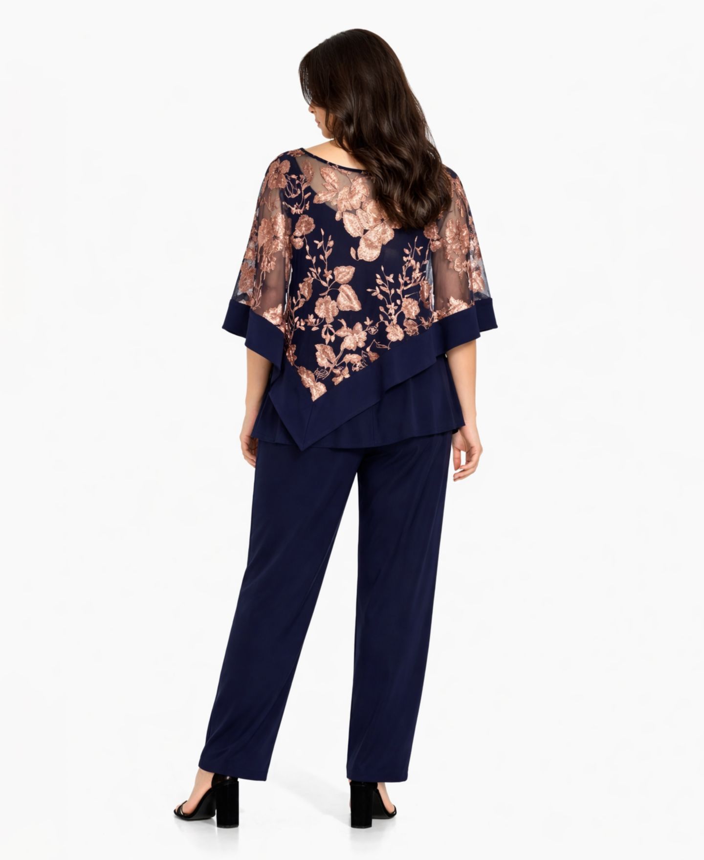 Женский комплект R & M Richards Petite Floral Embroidered Poncho Top and Pants, 2-Piece Set, цвет: Тёмно-синий розовый — фото 3