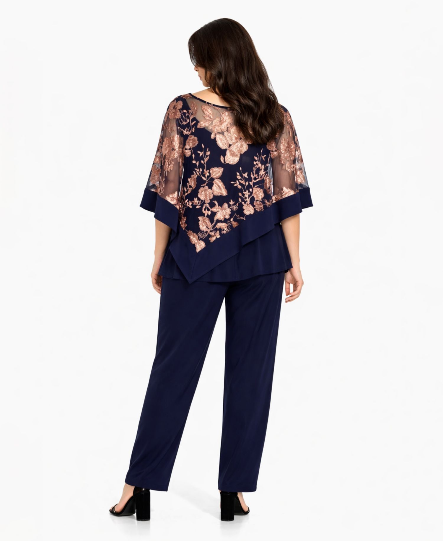 Petite Floral Embroidered Poncho Top and Pants, 2-Piece Set