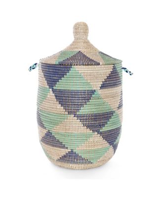 Large Blue and White Triangles Lidded Hamper Basket