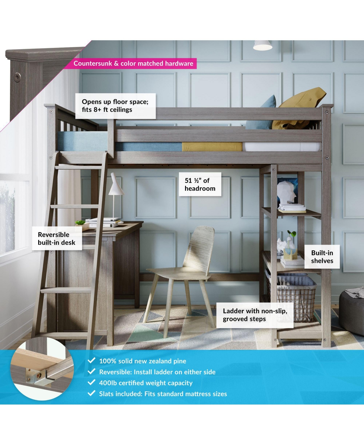 Max & Lily Loft Bed, Solid Wood High Bed with Bookcase and Desk for Kids