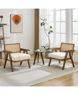 Mid-Century Farmhouse Accent Chair - Wood Armchair with Rattan Backrest and Linen Cushion for Living Room, Bedroom