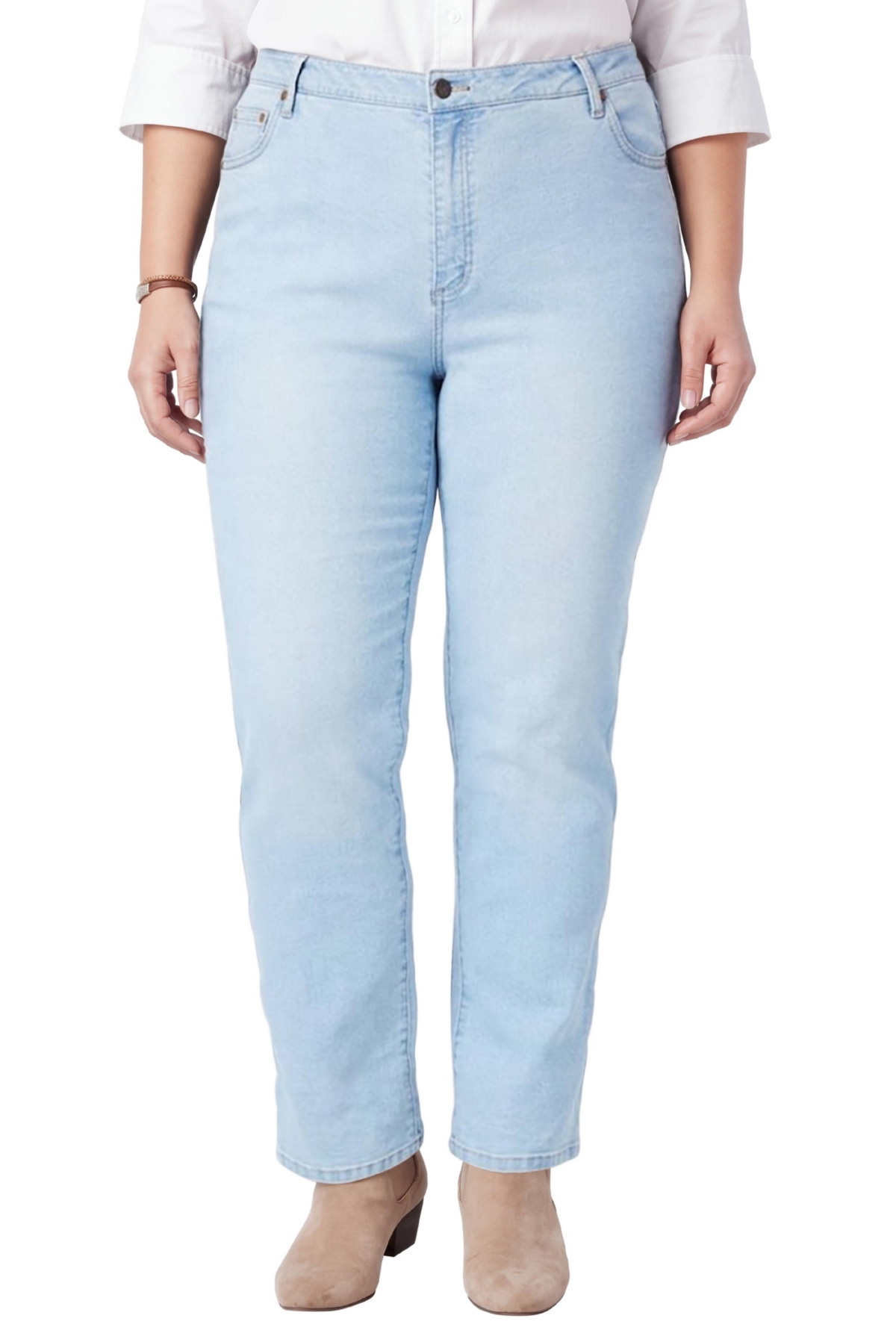 Woman Within Women’s Within Tall Straight-Leg Stretch Denim Five-Pocket Jeans – Light wash sanded