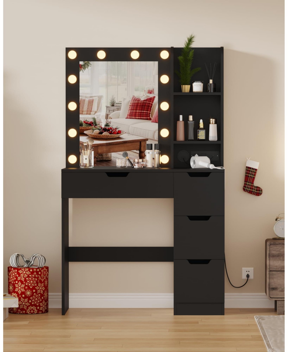 Homfan Vanity Desk with Mirror and Lights, 4 Drawers, Built-in Power Outlet Usb, Adjustable Led Lighting, Makeup Table for Bedroom