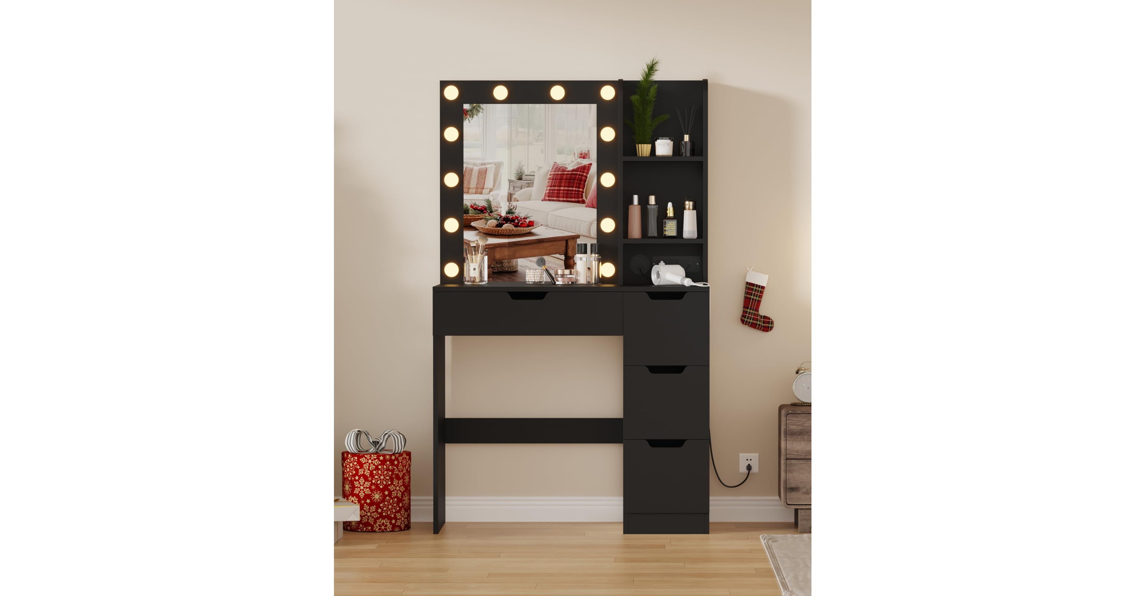 Homfan Vanity Desk with Mirror and Lights, 4 Drawers, Built-in Power Outlet Usb, Adjustable Led Lighting, Makeup Table for Bedroom